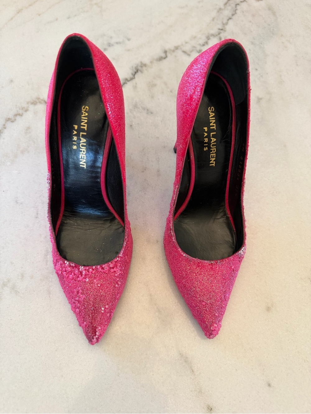 Saint Laurent Pink Glitter Pointed-Toe Pumps